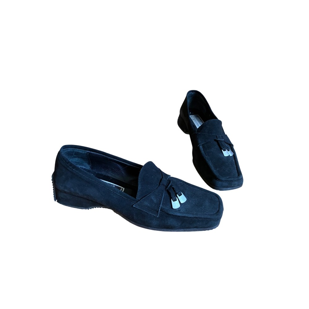 Andre Assous Featherweights Black Suede Square Toe Wedge Loafers 9 Spain Comfort